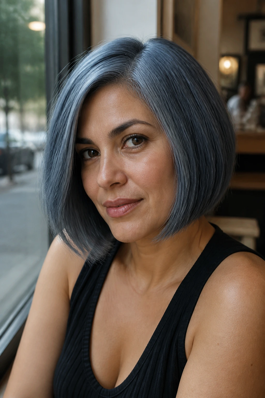 Close-up of a real person with a steel blue-gray bob