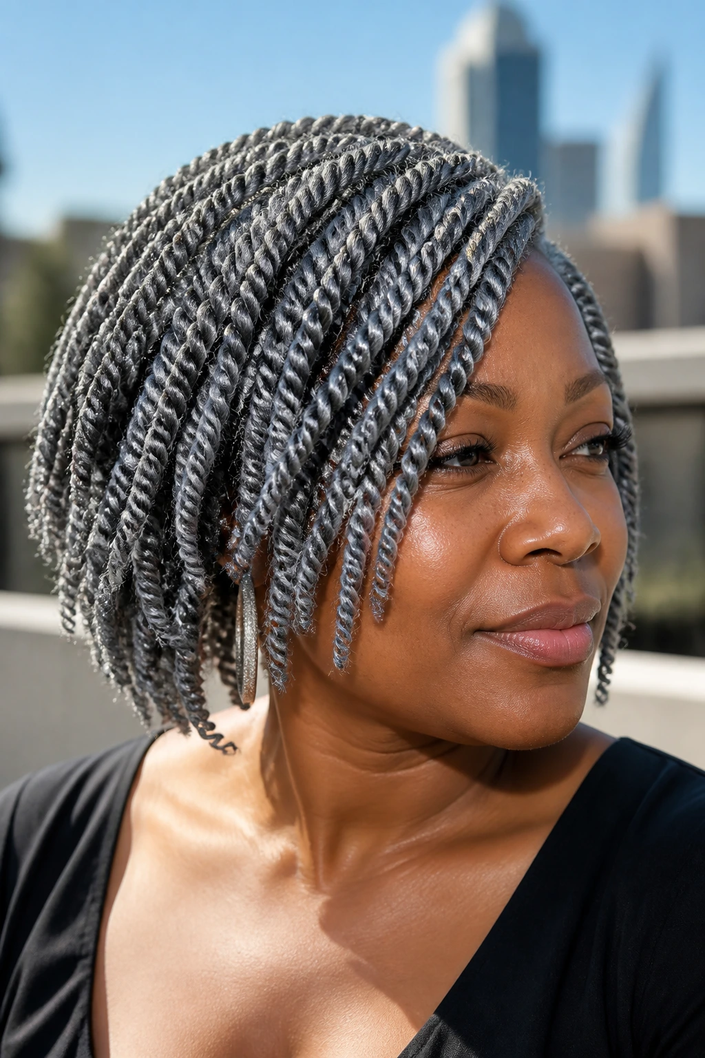 Close-up portrait of a real person with steel blue grey twists