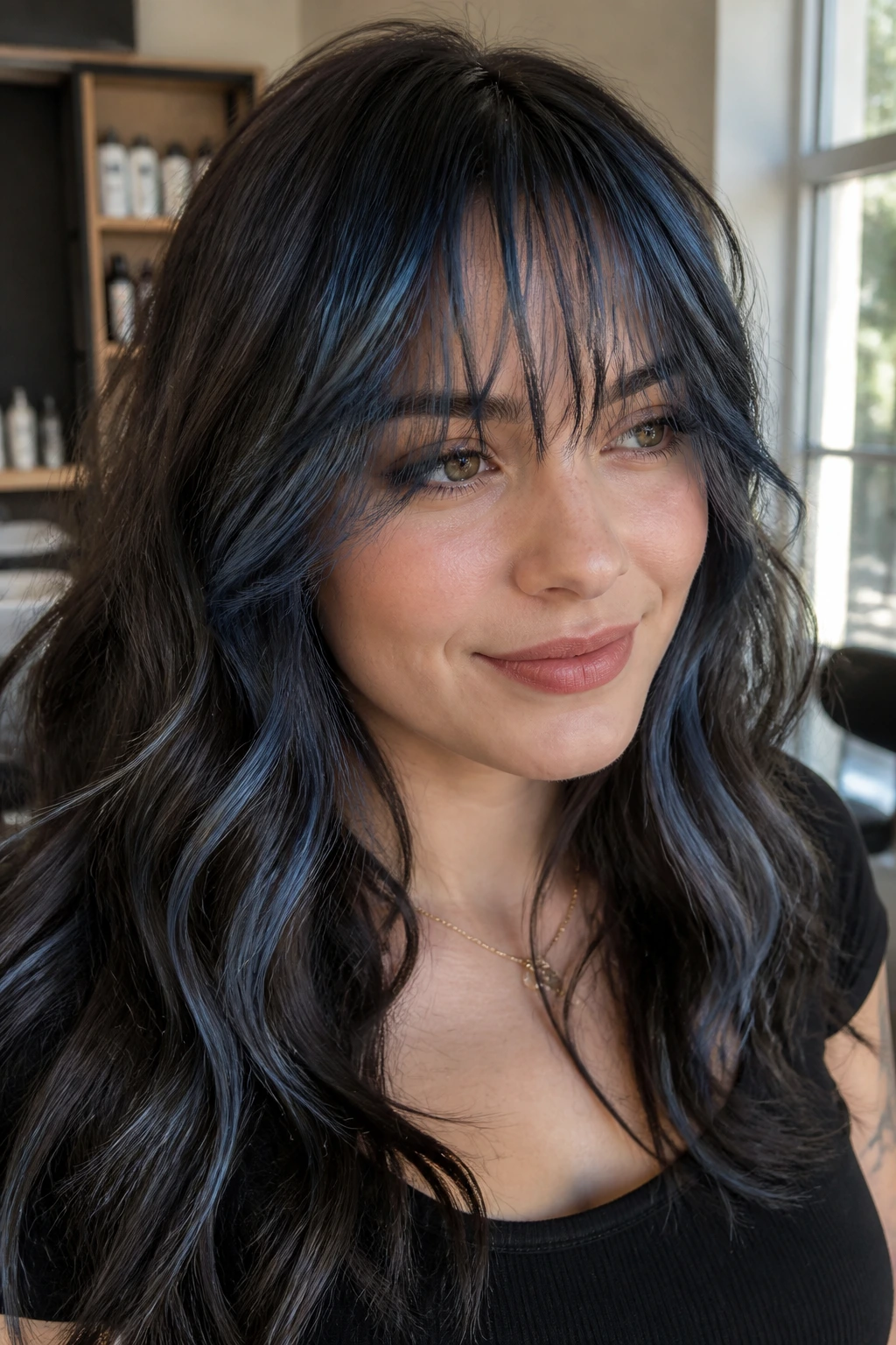 Close-up portrait of a real person with steel blue highlights and a piecey fringe