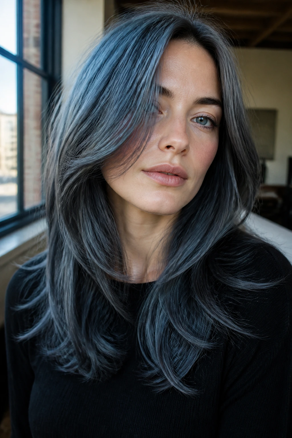 Close-up portrait of a real woman with steel blue layered hair in daylight.