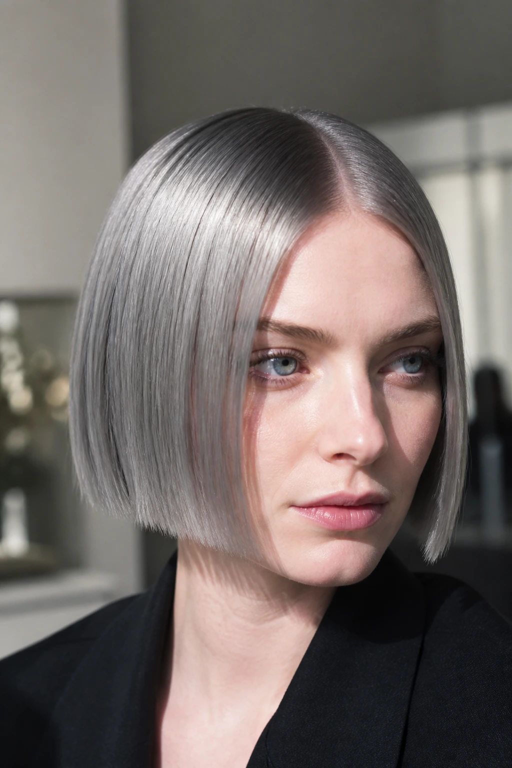 Close-up portrait of a person with a sleek center-parted steel bob