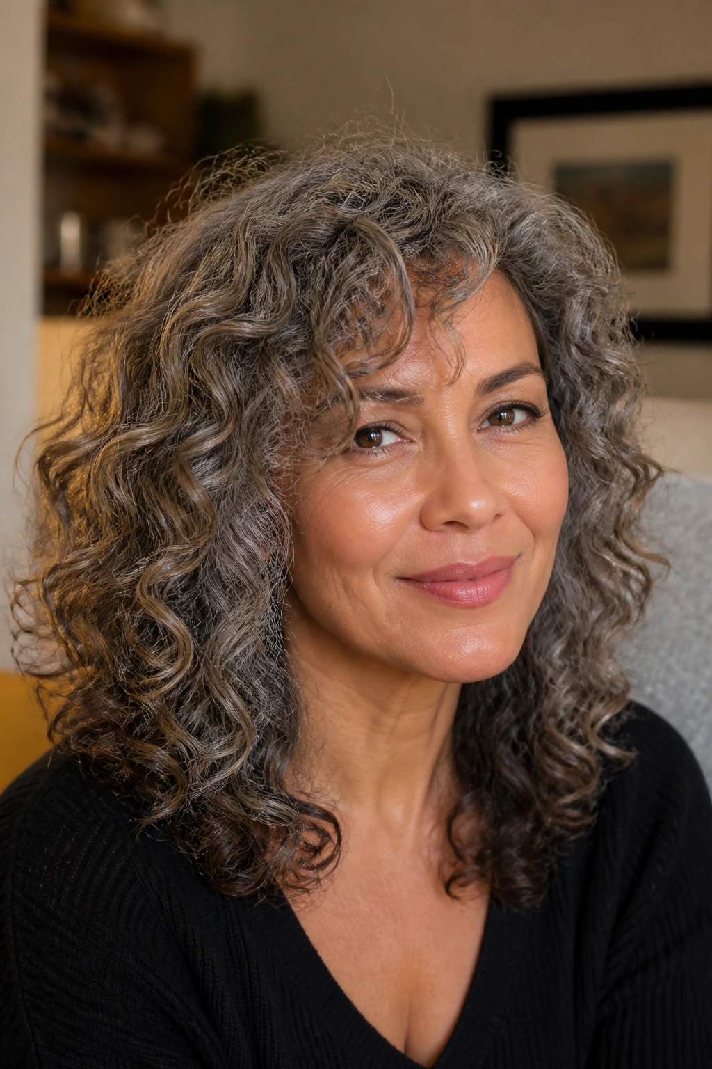 Real woman with steel gray curls and lowlights in a cozy room