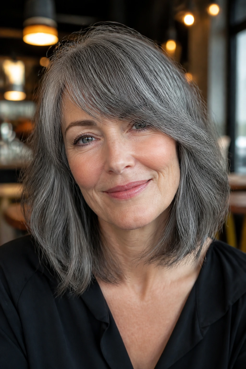 Portrait of a real woman with steel grey collarbone cut and soft layers