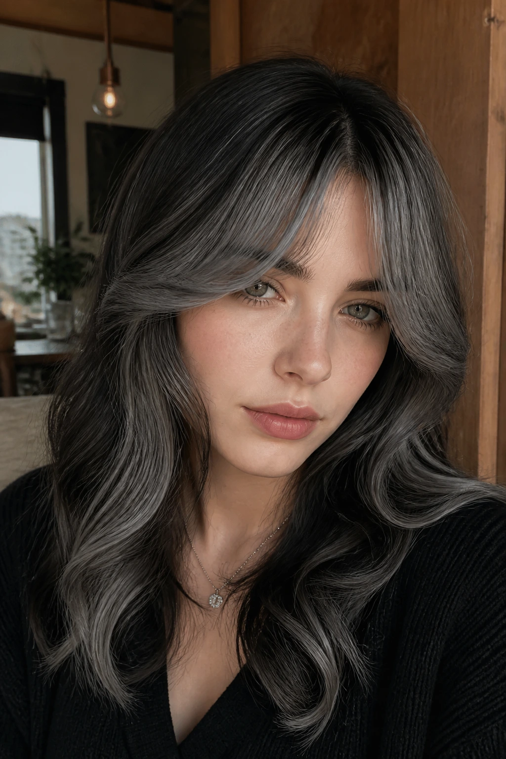 Close-up of a real woman with steel grey curtain highlights around a center-part fringe