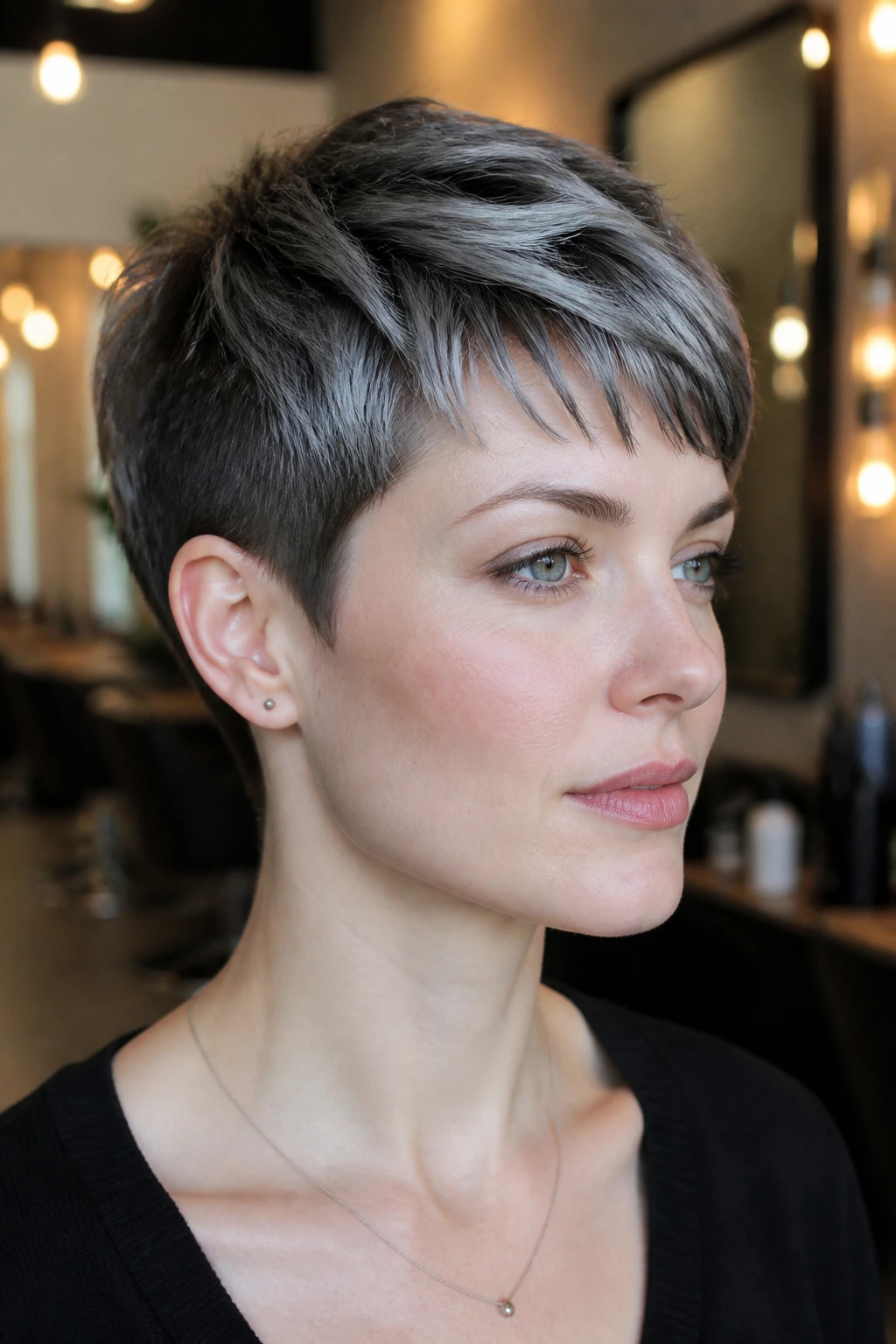 Close-up of steel grey foils on a cropped pixie on a real person in a salon.