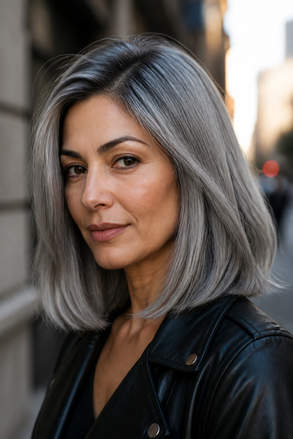 Portrait of a real person with rooted steel grey lob and dark roots