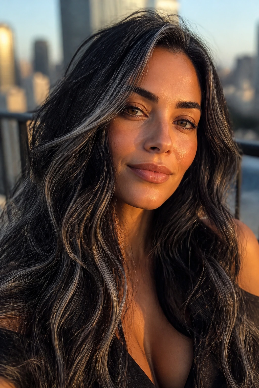 Olive-skinned person with steel-grey ribbon highlights in dark waves