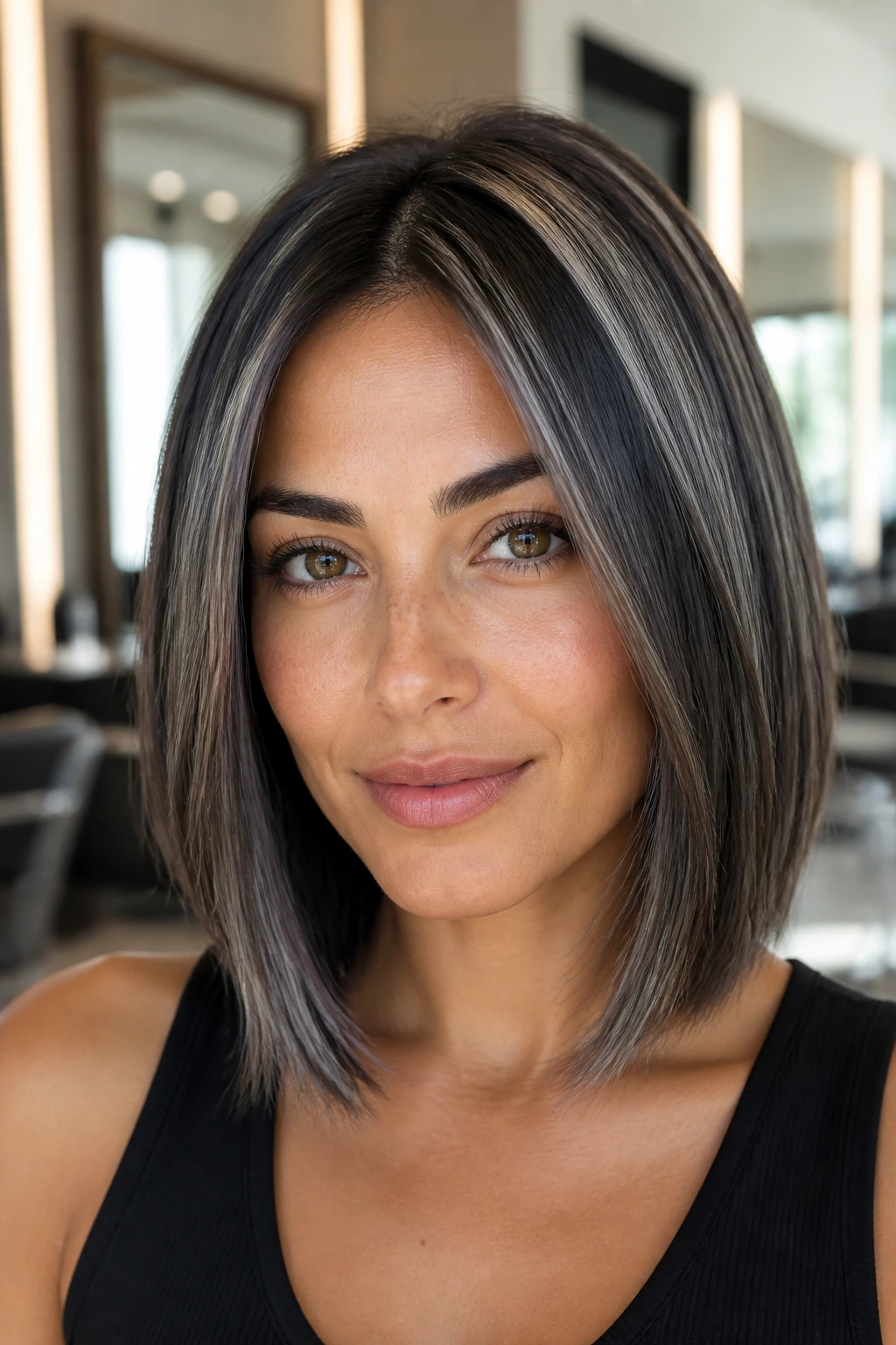 Portrait of a woman with sleek lob and steel ribbon highlights on olive skin