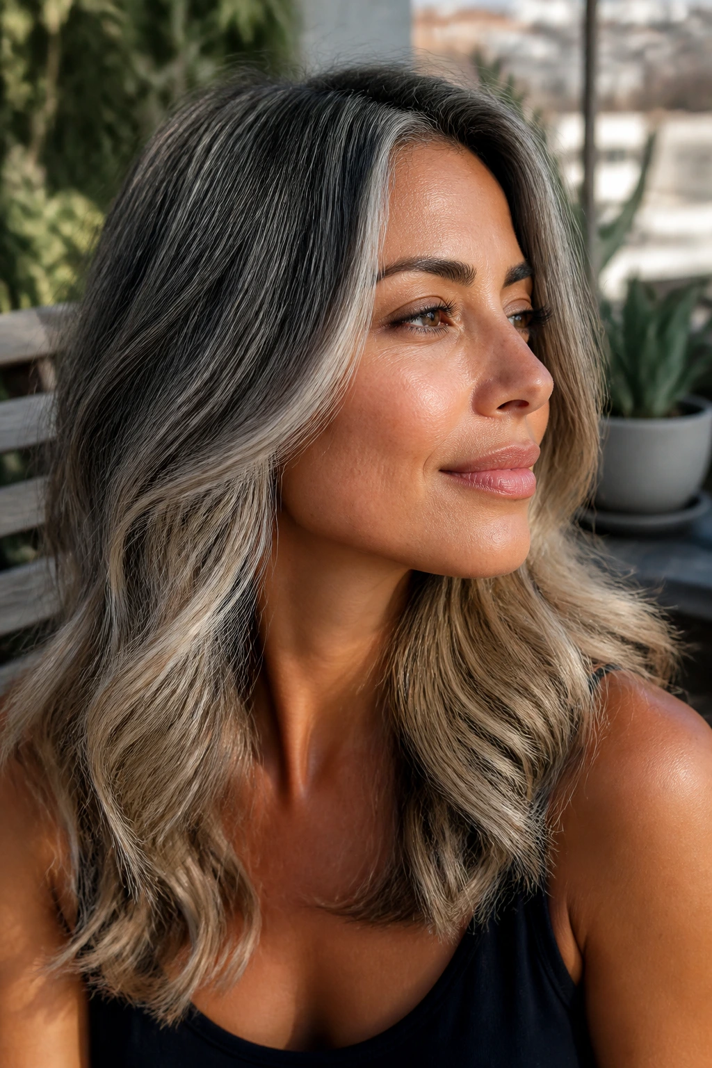 Close-up portrait of a real person with Steel-Sand Toning hair
