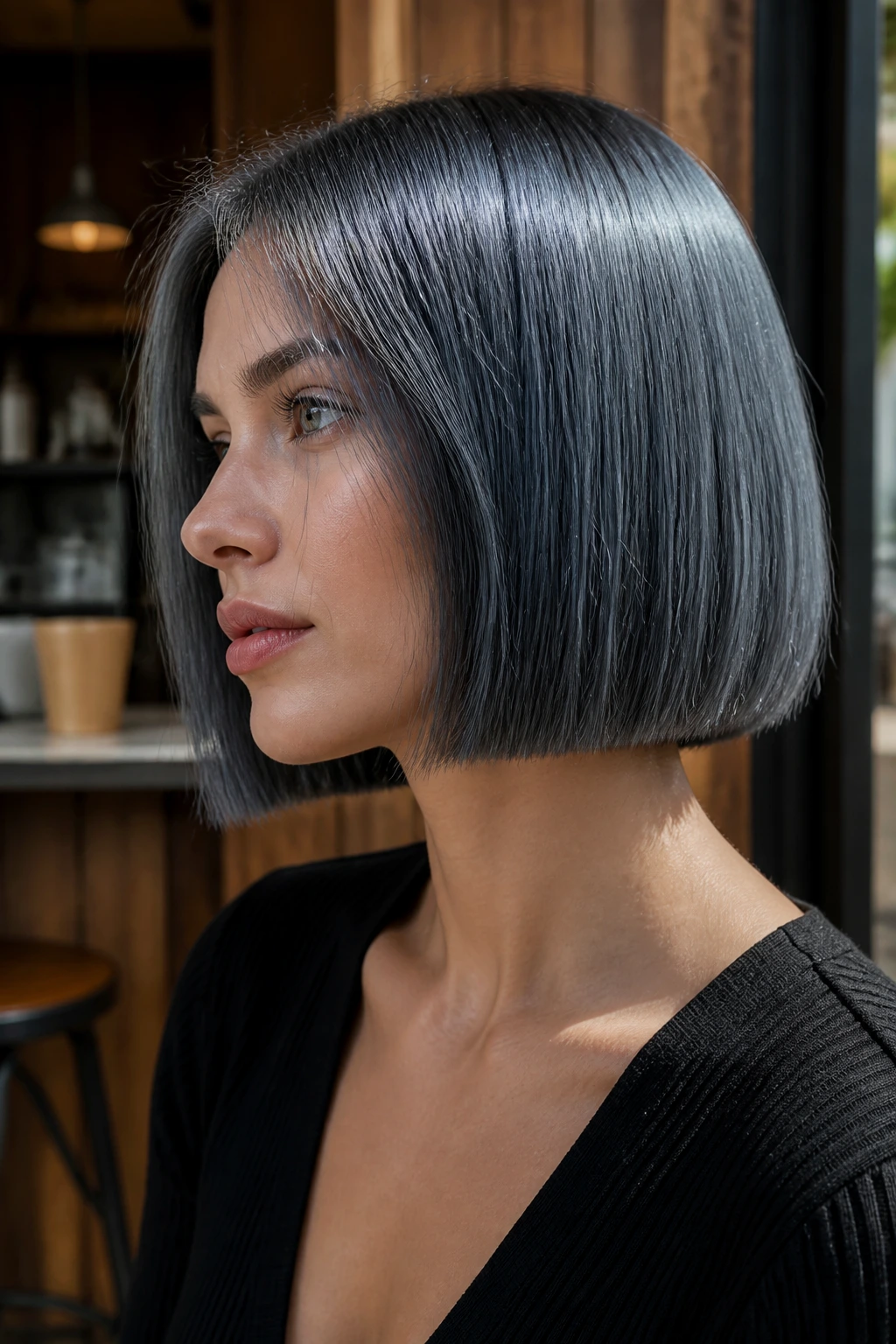Blunt steel-sheen bob with graphite-silver finish on real person