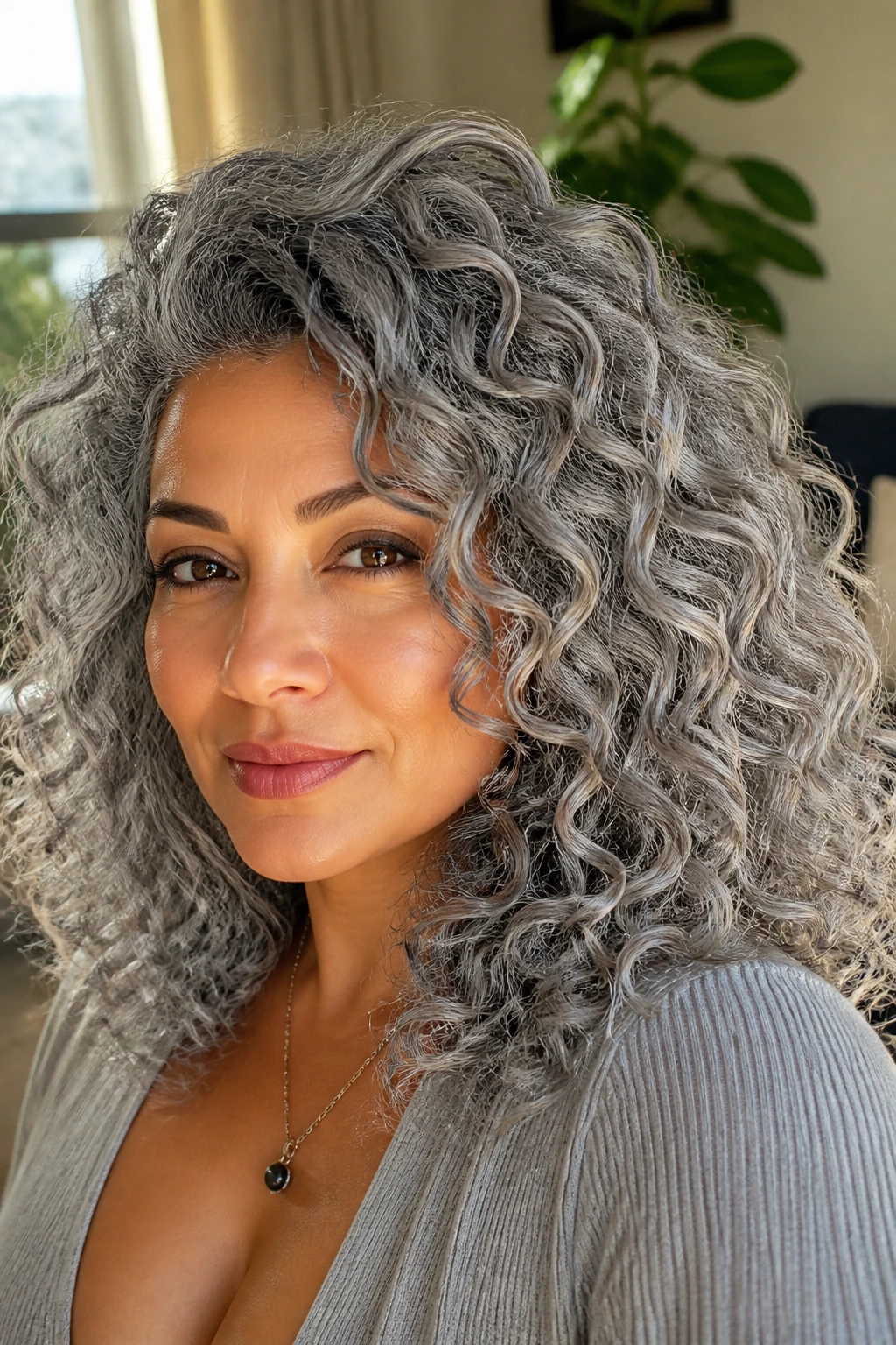Close-up of a real woman with steel-silver curls