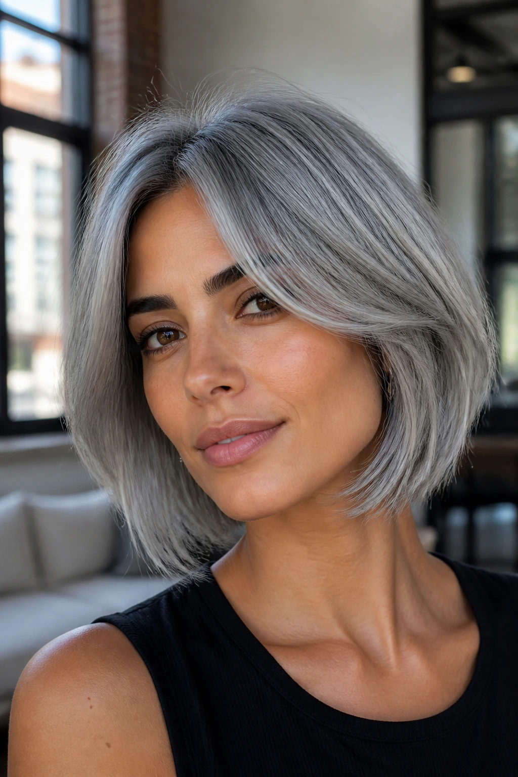 Olive-skinned person with steel-silver curtain bob and curtain bangs