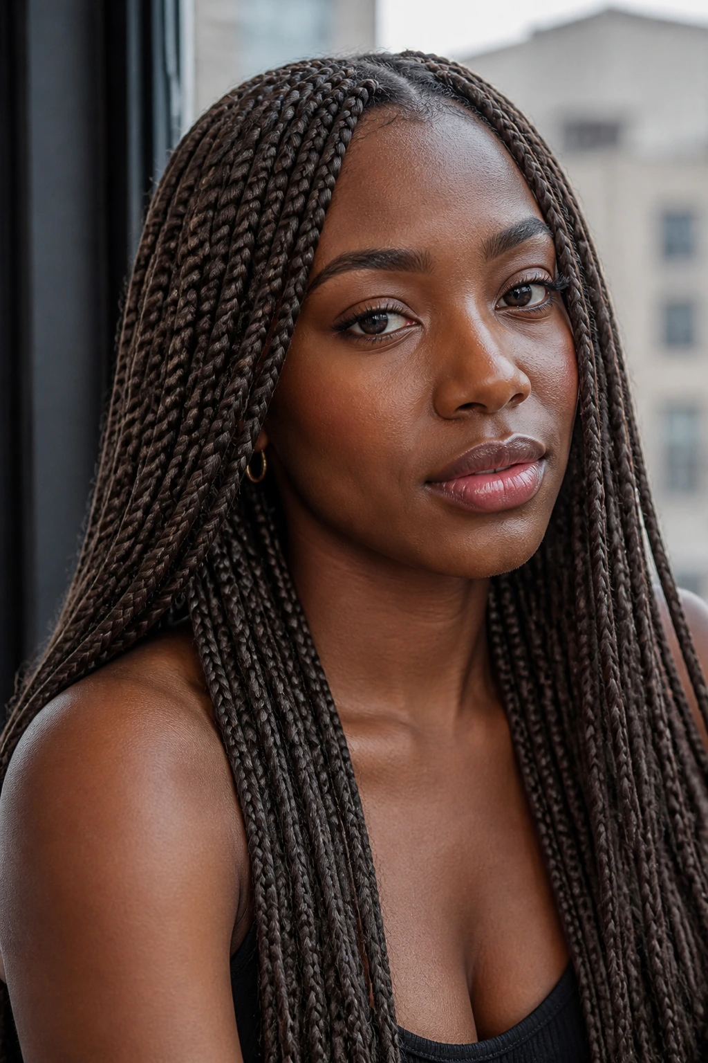 Real person with steel-softened box braids in natural light