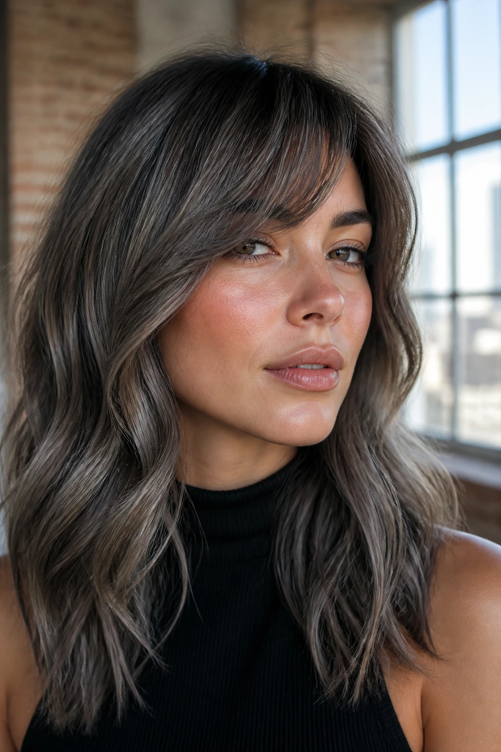 Portrait of a real woman with steel taupe balayage and side-swept bangs.