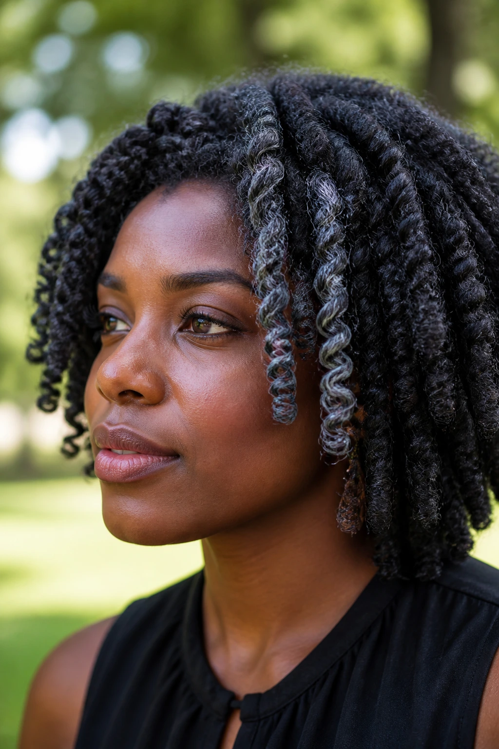 Close-up of twist-out with steel-gray threads woven through curls
