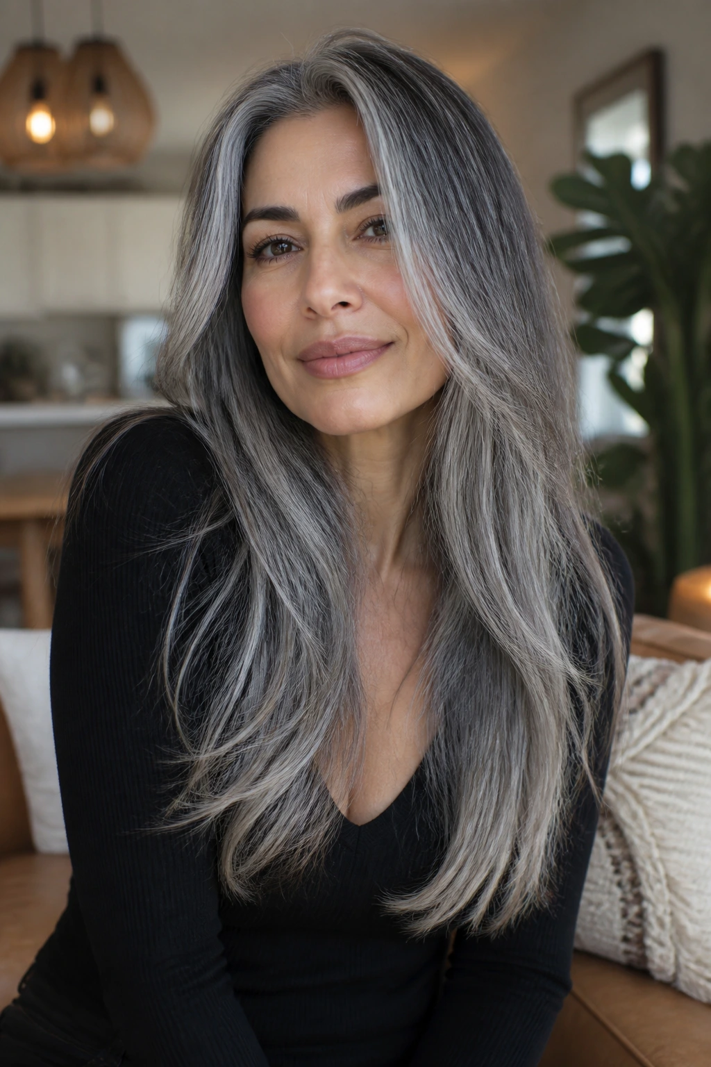 Portrait of a real woman with steel-tipped long layers on olive skin in a warm living room.
