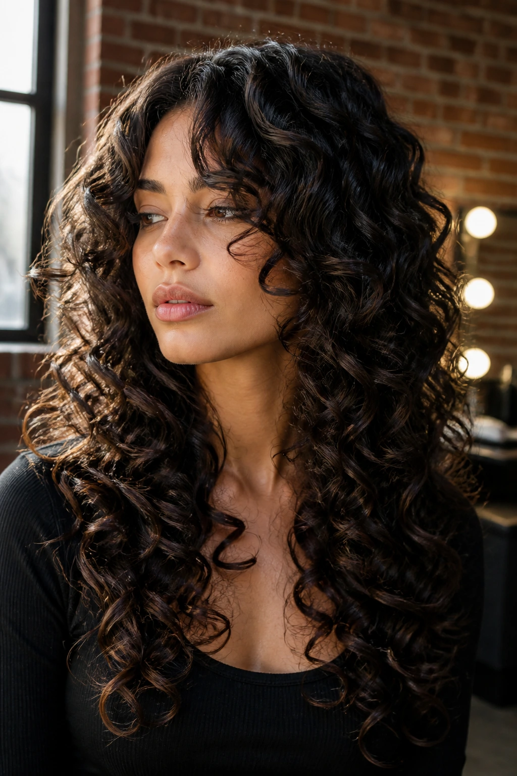 Close-up portrait of a real person with visible stepped layers in curly hair