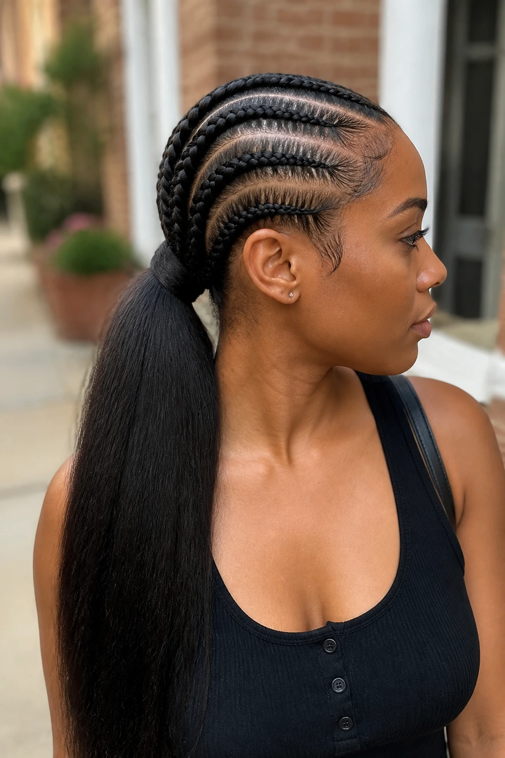 Profile portrait of a real woman with stitch-braid French ponytail at the scalp and over-the-shoulder ponytail