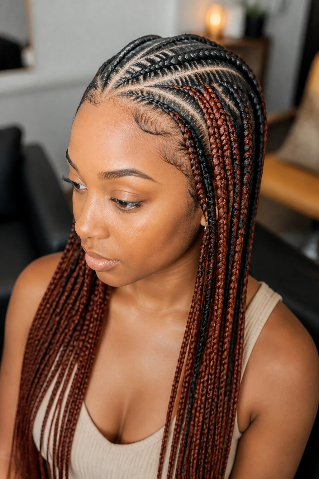 Portrait of a real woman with stitch braids and auburn panels