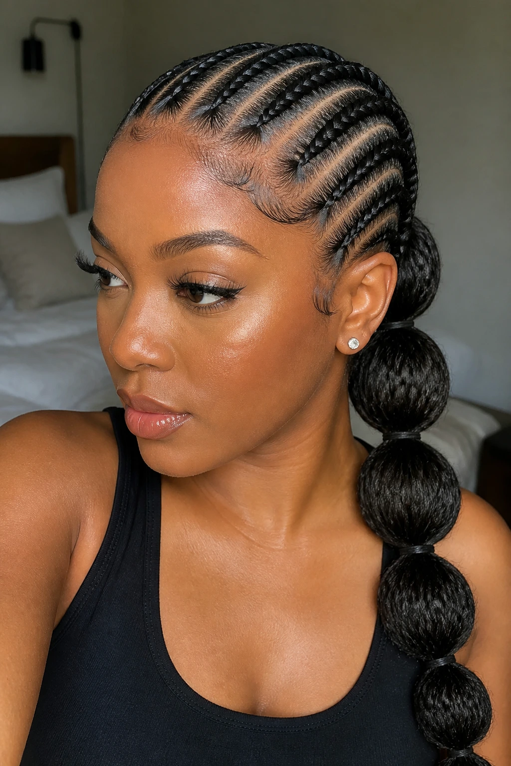 Close-up of stitch-section braids forming a bubble ponytail on a real woman