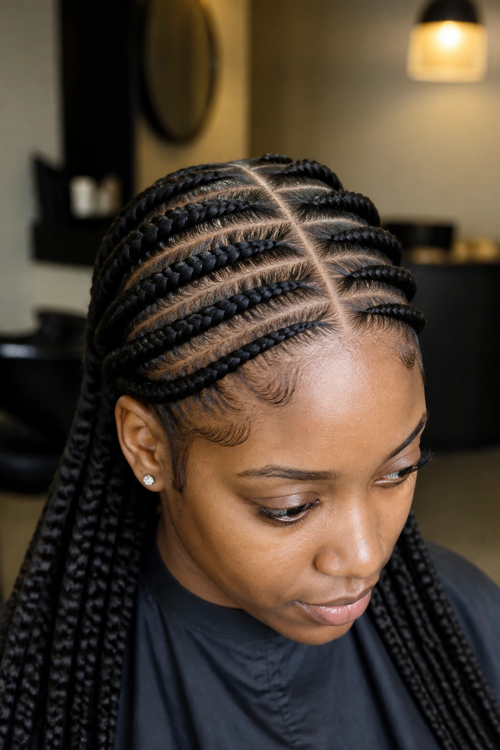 Close-up of real person with stitch braids and center part in a salon