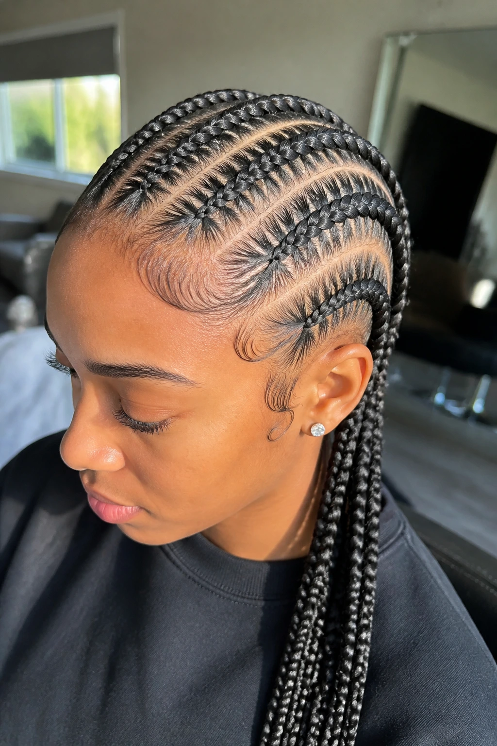 Close-up of stitch braids with visible scalp-part lines on a real person