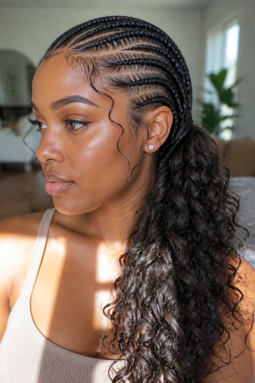 Close-up portrait of a real woman with stitch braids forming a curly side pony.