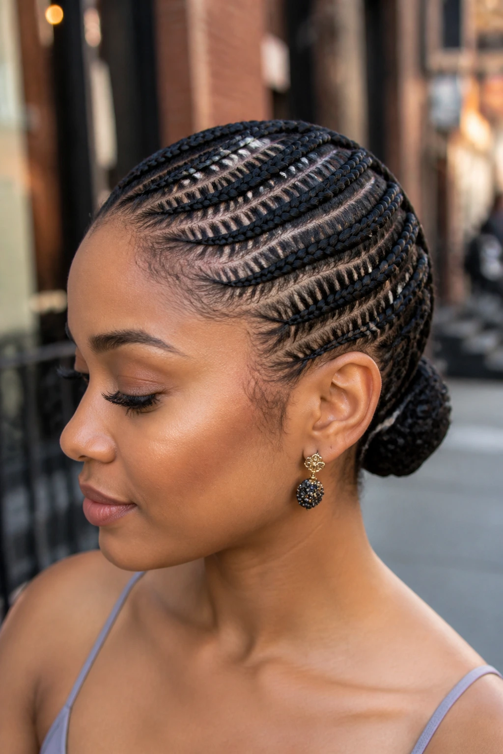 Real person with swept stitch braids and tucked bun at the nape