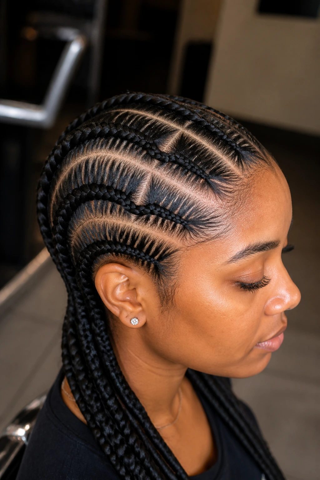 Close-up of a real woman with stitch braids and geometric lines along the scalp, crisp precision
