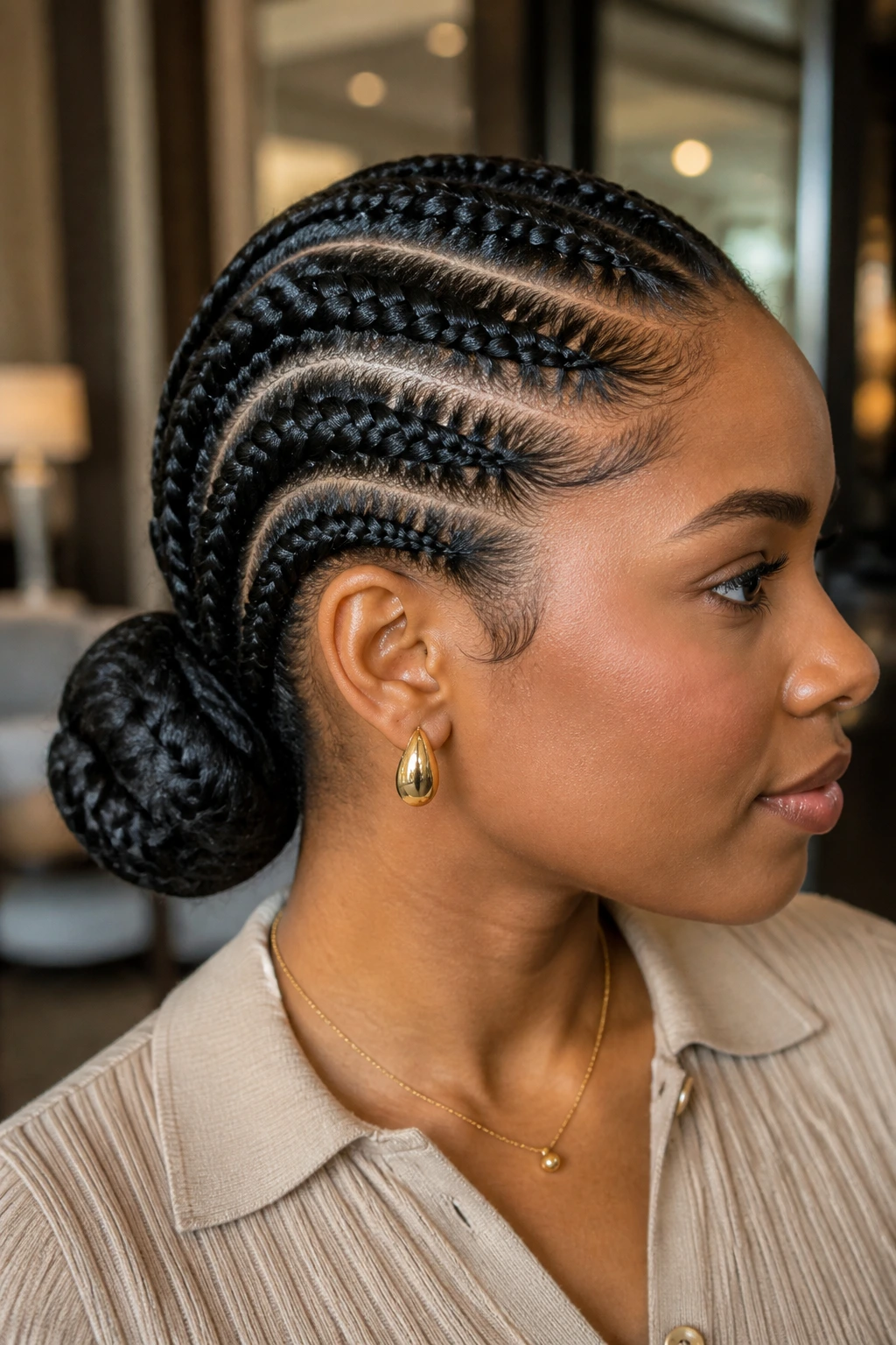 Close-up of a real woman with stitch braids into a low bun at the nape