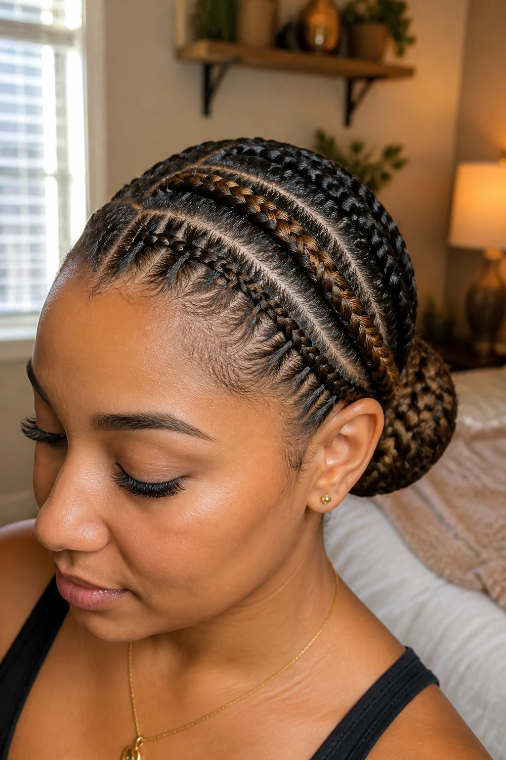 Close-up of a real woman with stitch braids in a low bun and caramel highlight track