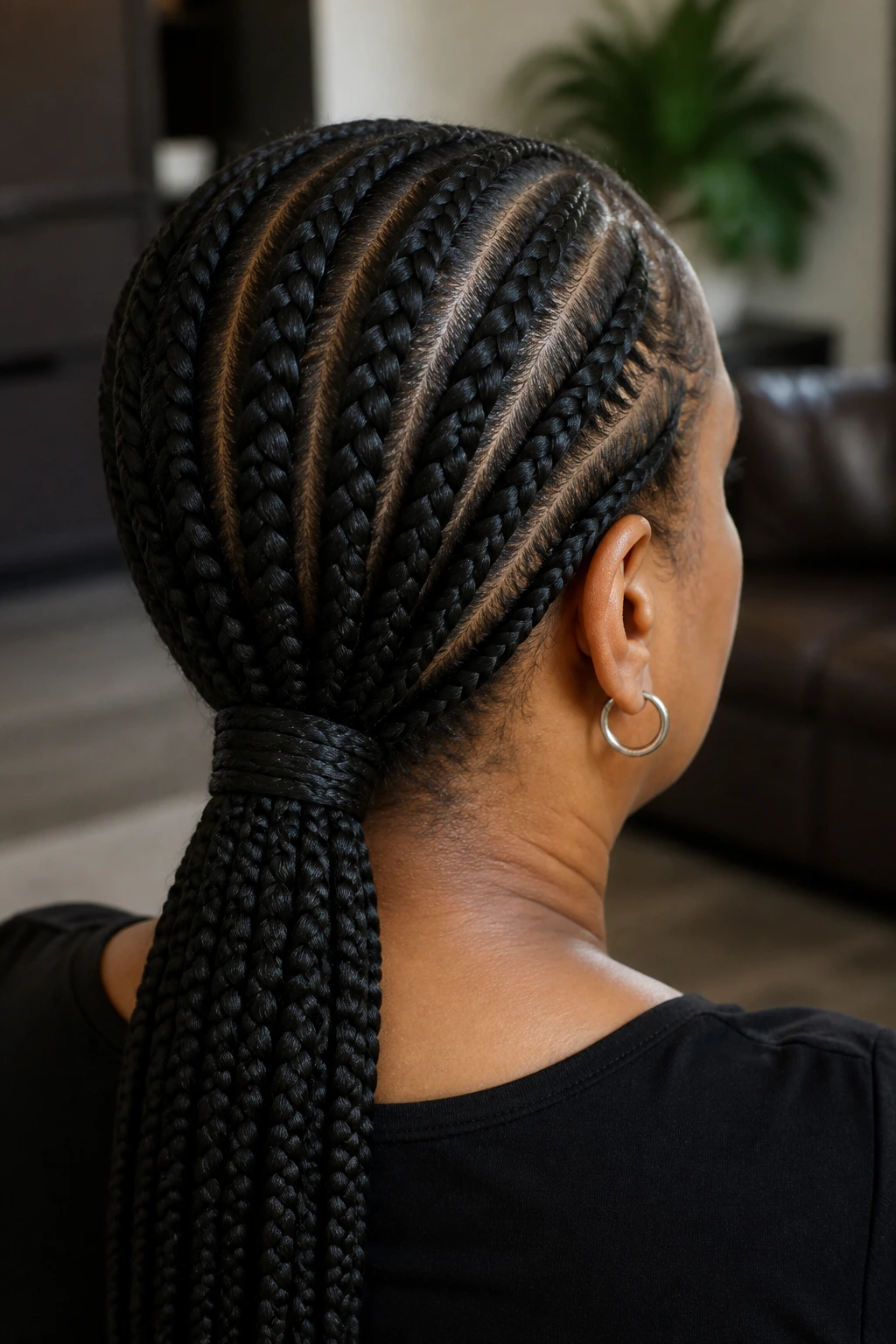 Rear/side close-up of stitch braids with a low tail on a real woman