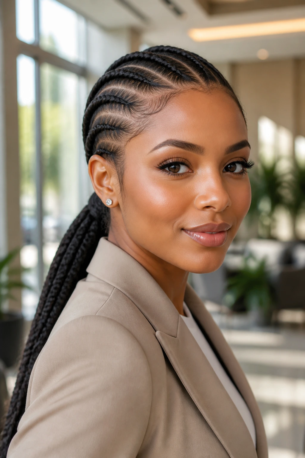 Portrait of a woman with stitch braids formed into a low ponytail in a bright office environment.
