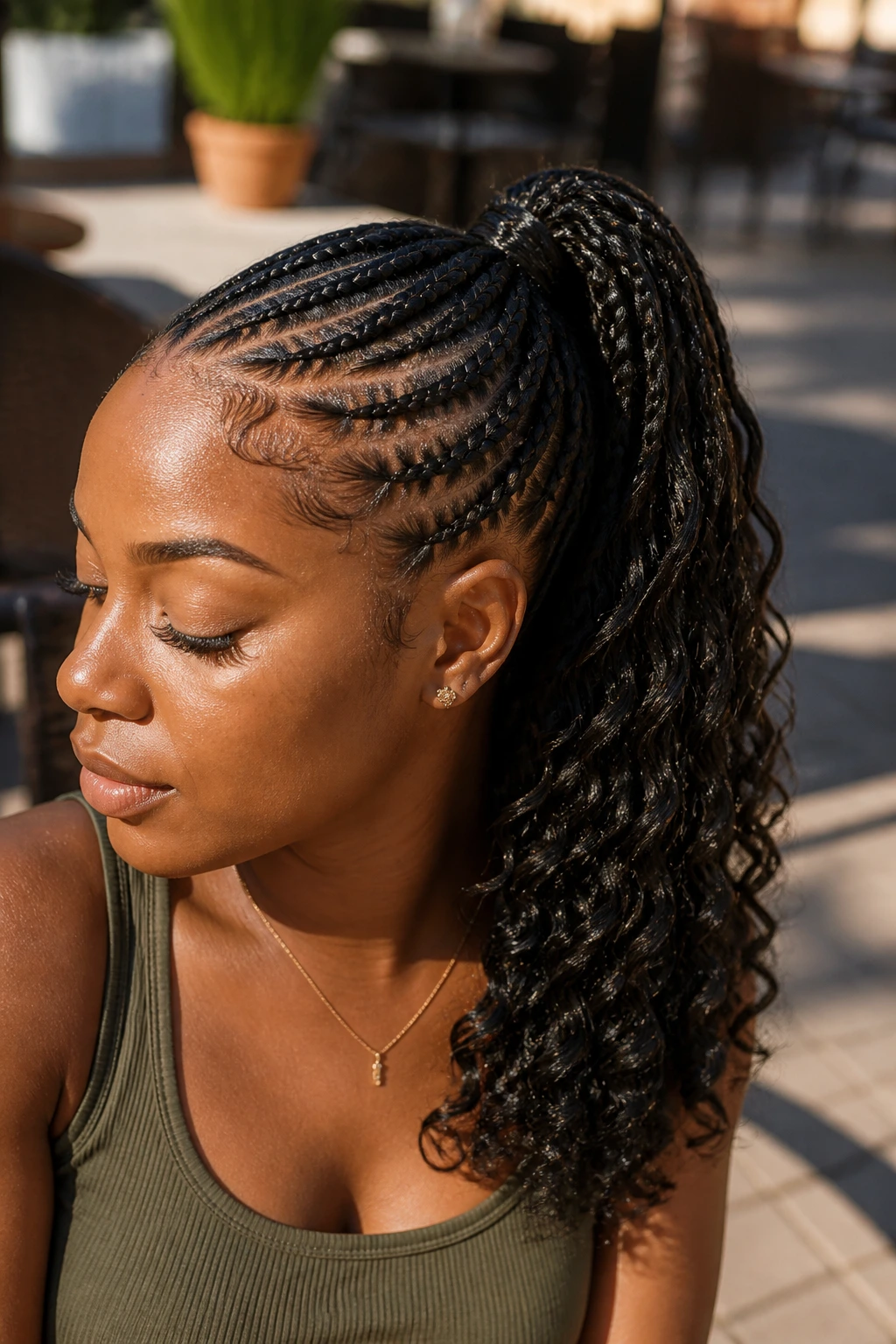 Close-up of a real woman with stitch braids ending in curly ponytail ends