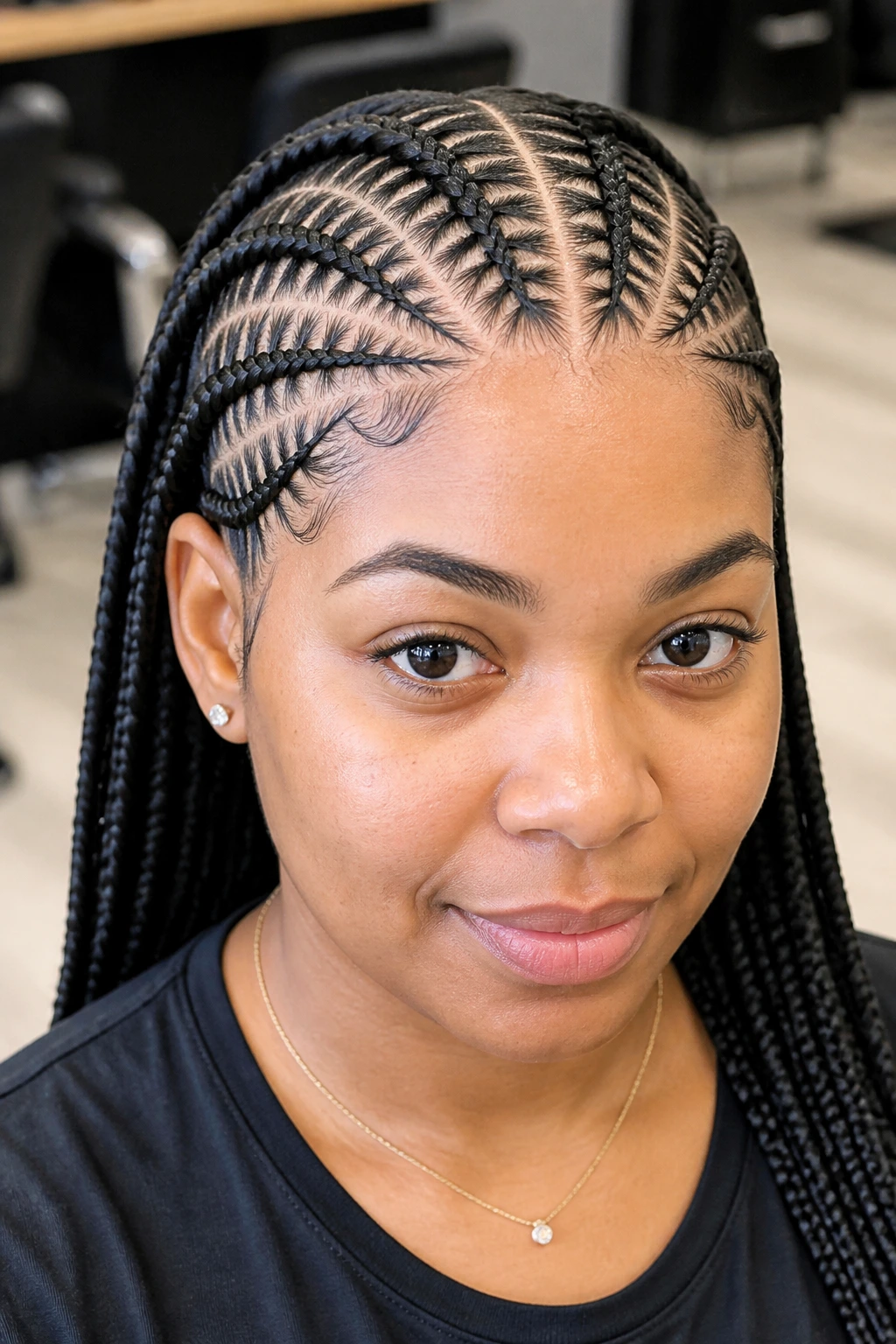 Close-up portrait of a real woman with stitch braids showing crisp scalp lines