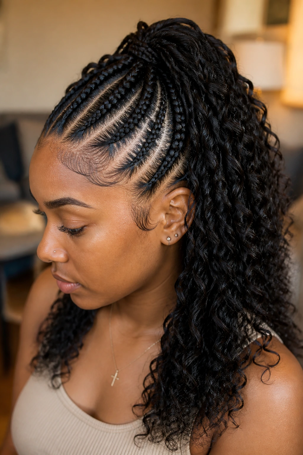 Close-up of stitch braids with curly waterfall on a real woman in a cozy living room.