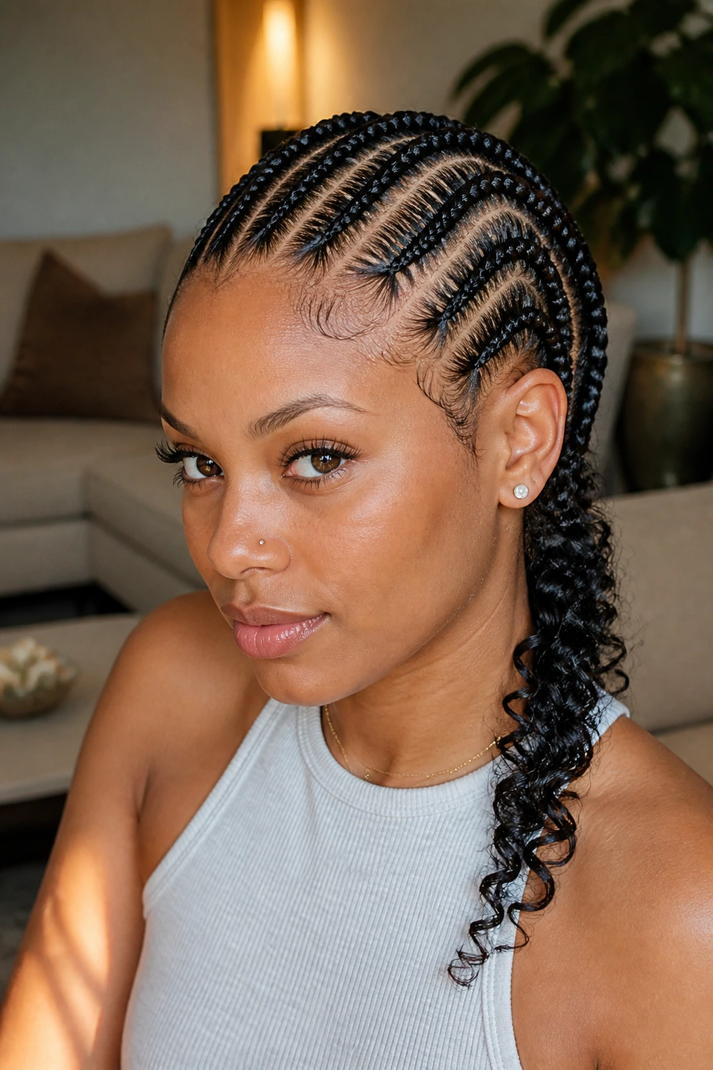 Close-up of a real person with stitch cornrows and a curly tail