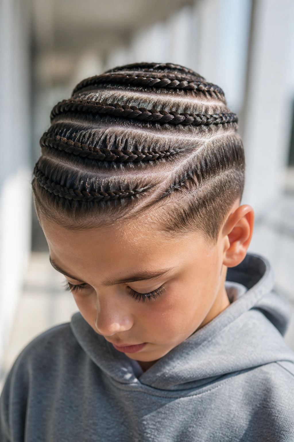 Close-up of a real boy's head showing stitch cornrows with even segments