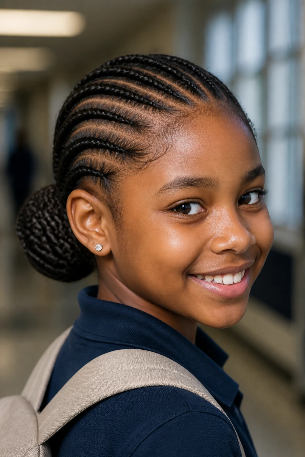 Close-up portrait of a real child girl with stitch cornrows into a low bun in a school setting