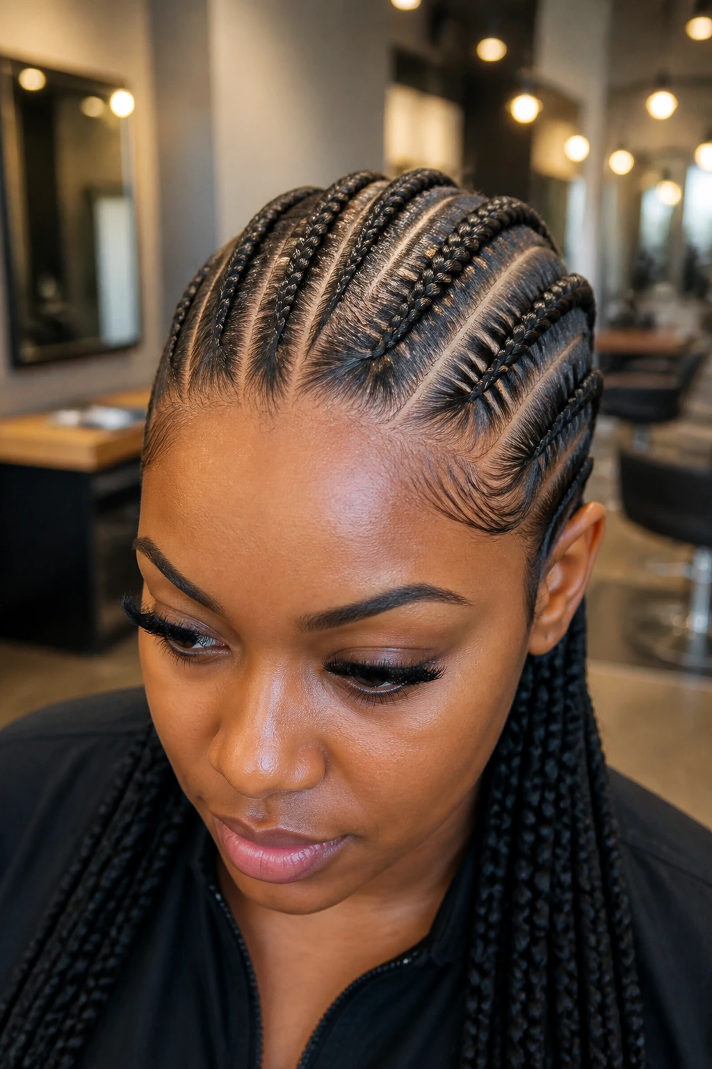 Close-up of a real woman with stitch cornrows and a sharp scalp line