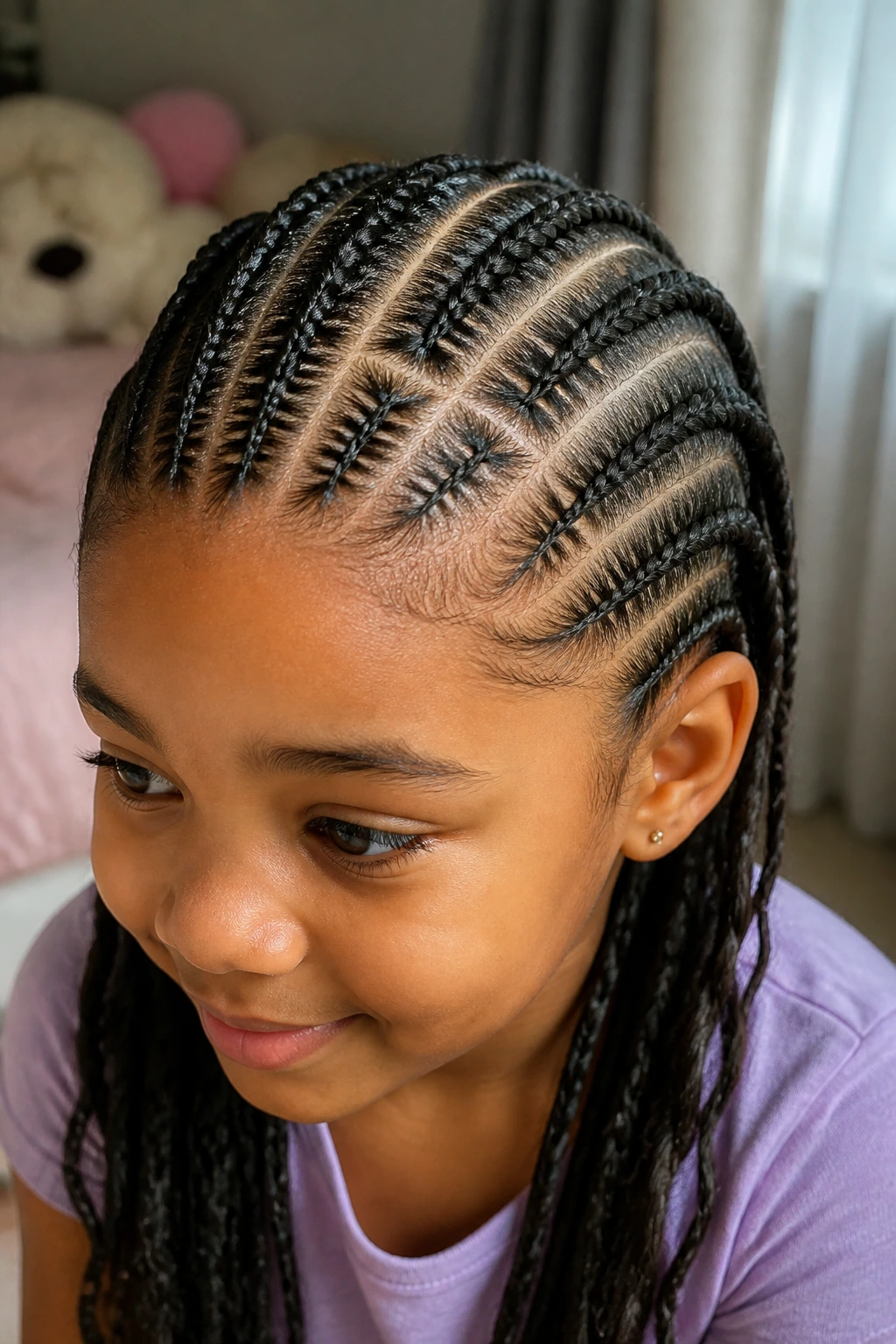 Close-up portrait of a real young girl with stitch cornrows and sharp parts in natural window light