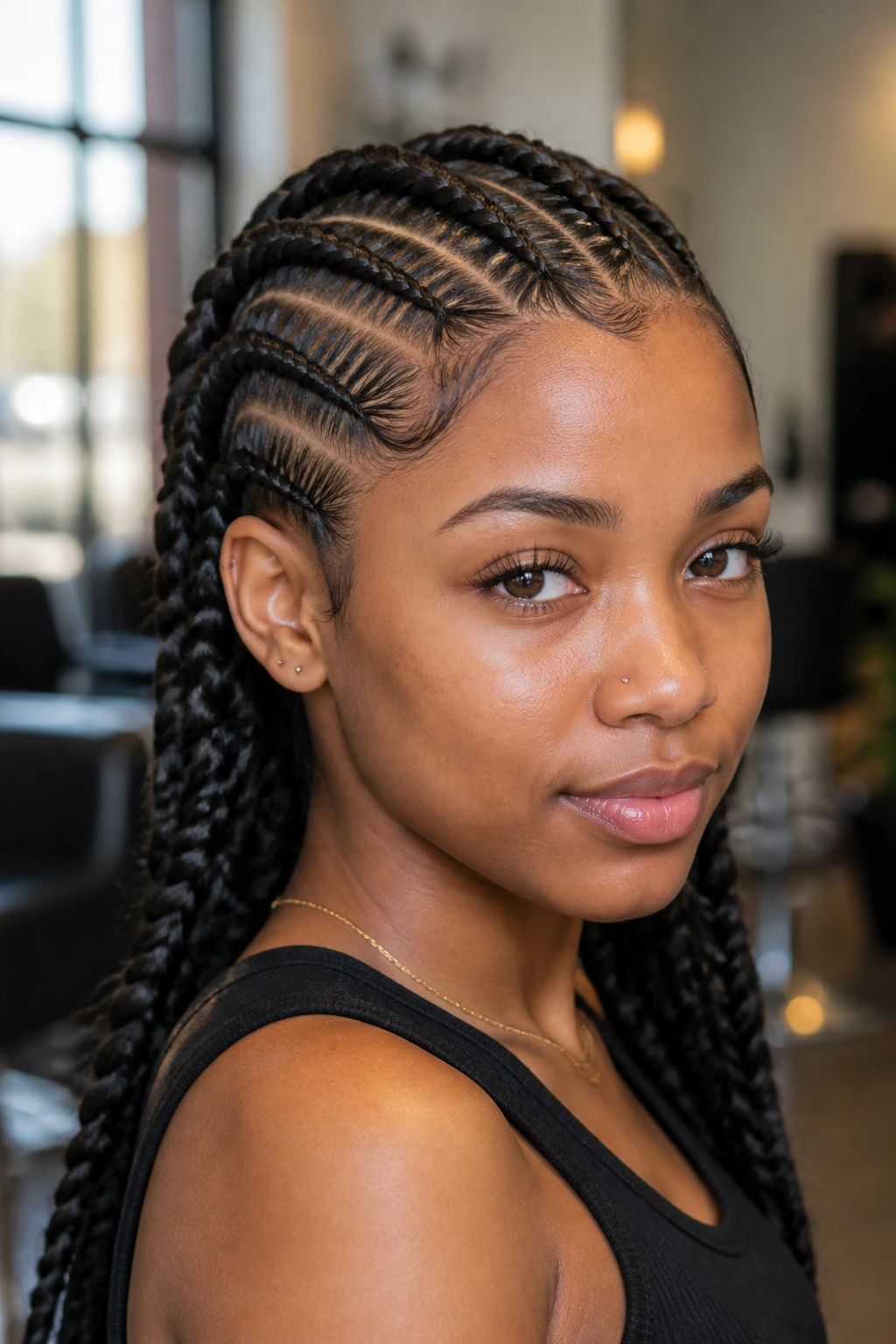 Close-up portrait of a real Black woman with stitch-detail Dutch braids along the scalp in a salon setting.