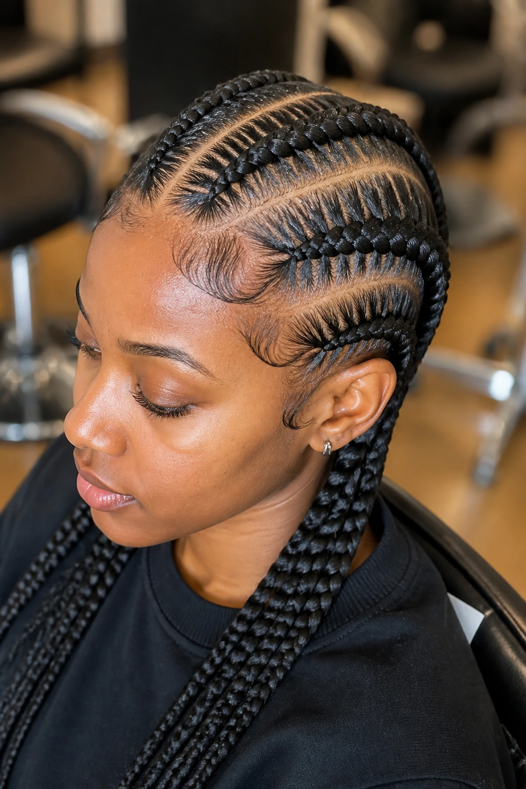 Close-up of a real person with stitch-part Dutch braids showing sharp lines.