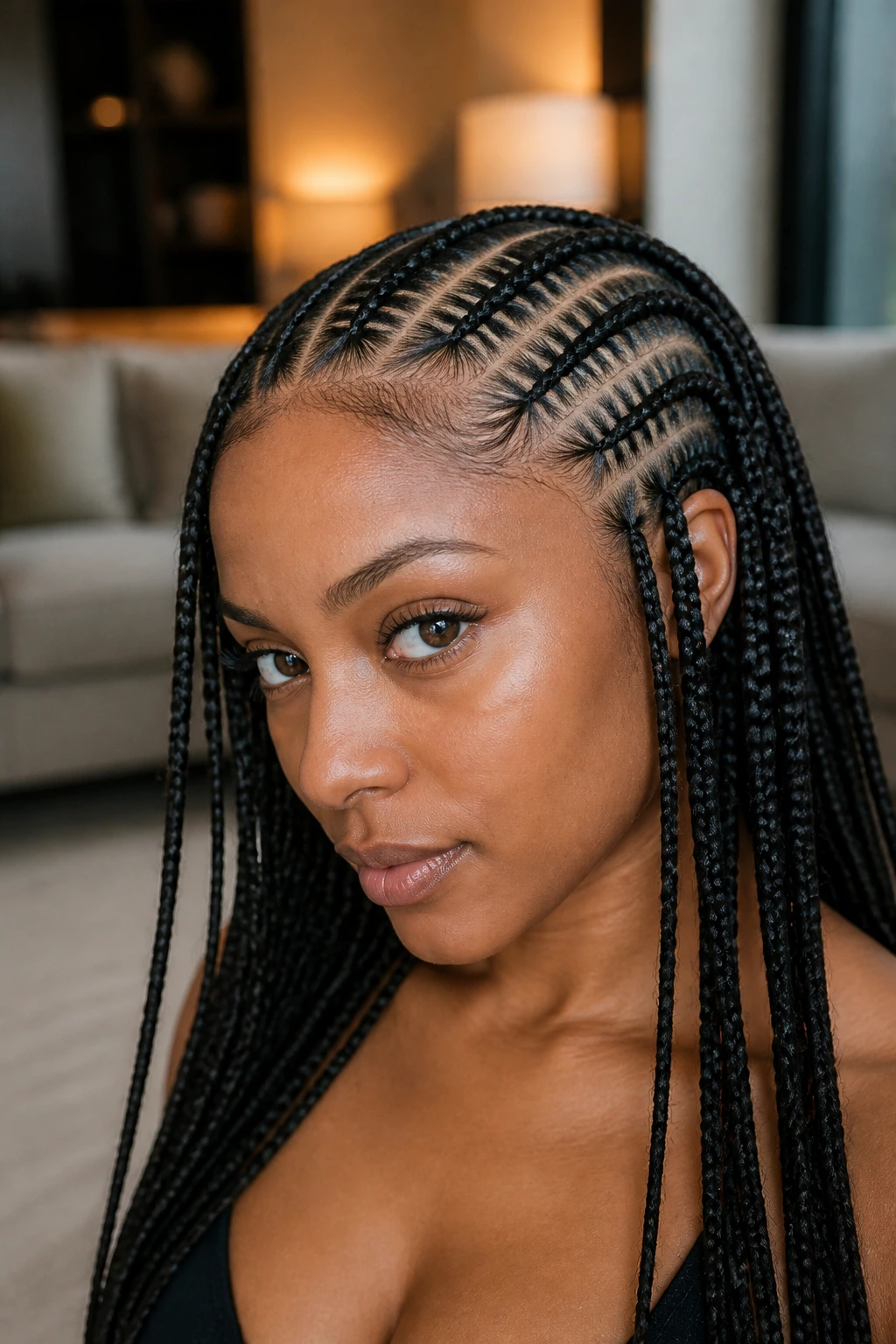 Close-up of a real woman with stitch-root braids showing crisp scalp lines