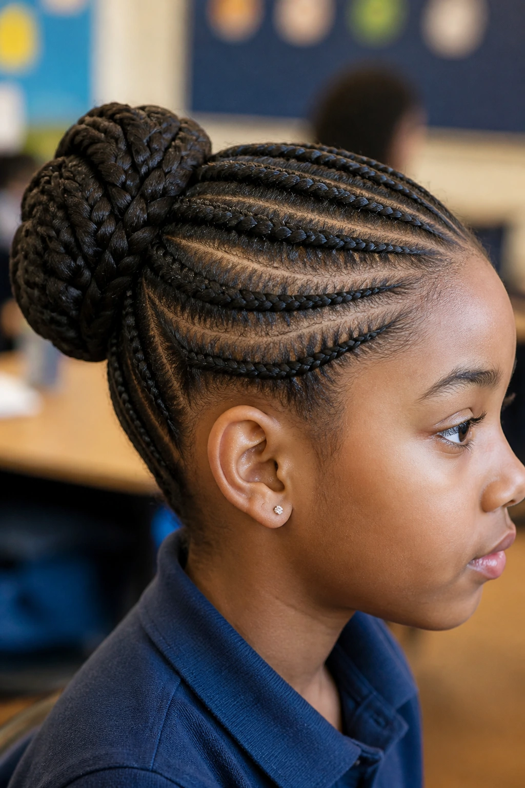 Close-up of a real child’s head with stitched cornrows leading to a braided bun in a softly lit classroom setting