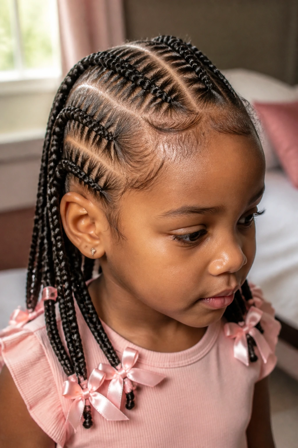 Close-up of stitched cornrows with ribbon ends on a real child's head, highlighting hairline and ribbon accents