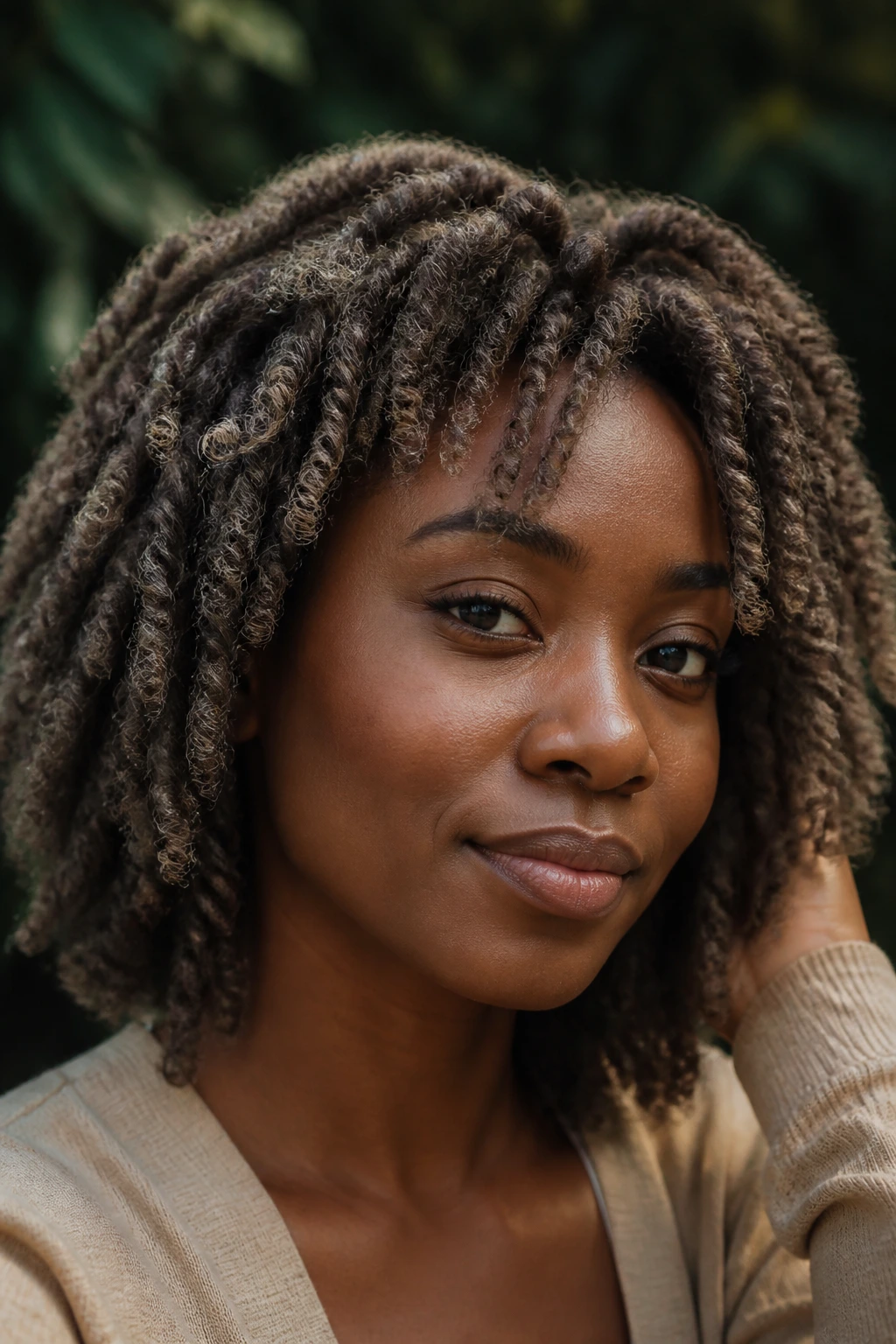 Close-up of a real person with stone brown twist-out and defined coils in natural light