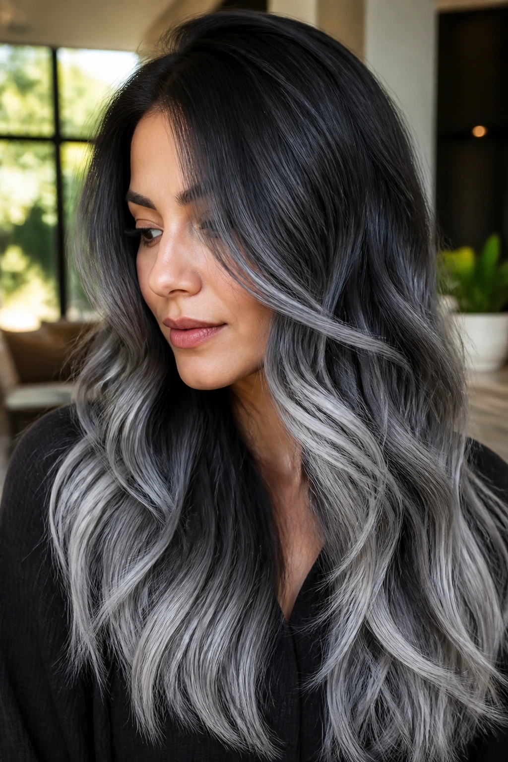 Close-up portrait of a real woman with storm cloud balayage: dark root, smoky graphite mids, silver-grey ends
