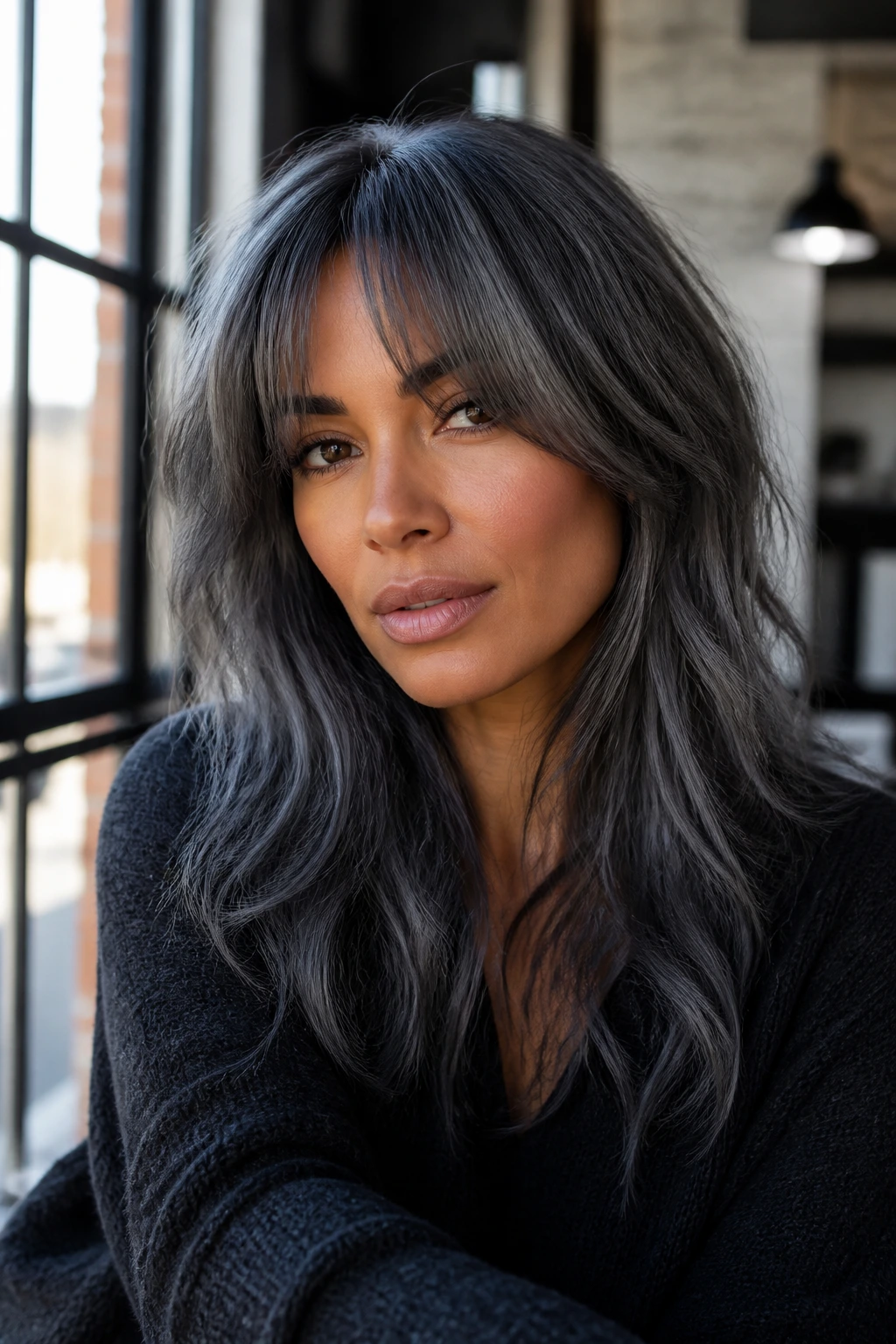 Real woman with storm cloud gray hair and curtain bangs in an urban loft setting.