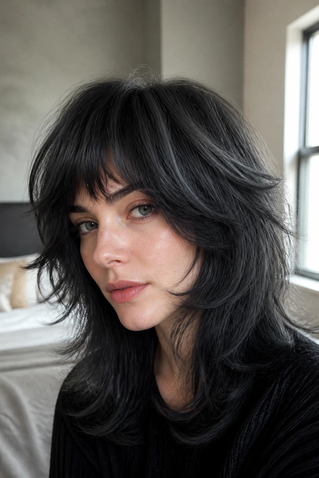 Close-up of storm cloud shag hairstyle on a pale-skinned woman.